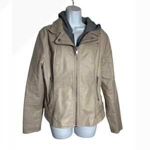 Black Rivet‎ Faux Leather Moto Jacket Women's Size XL Beige Hooded